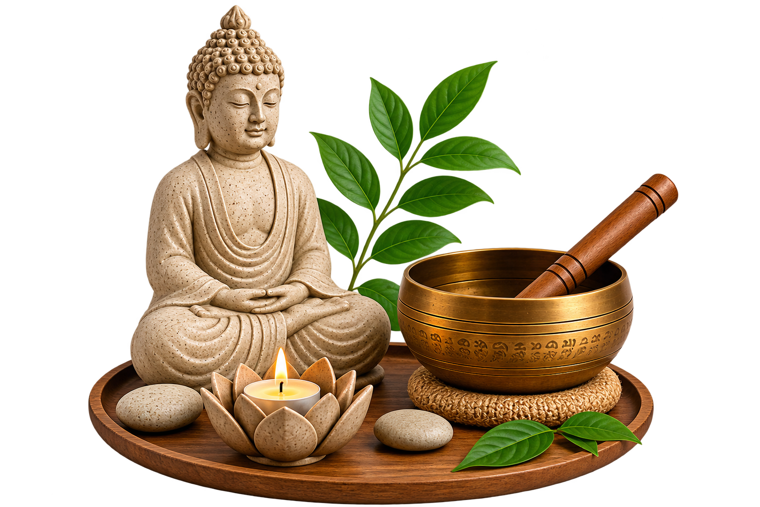 Our Philosophy — Plant in vase, singing bowl, mala beads and books